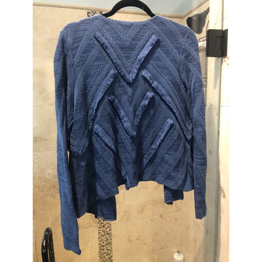 Chicos Sleeveless Cardigan Knit Fringe Open Front Blue Hip Length Sz 1/S New